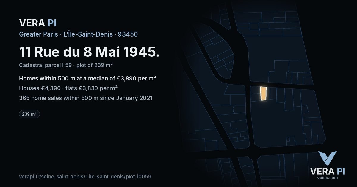 11 Rue du 8 Mai 1945, L'Île-Saint-Denis at night – the plot lit, the parcels around coloured by the prices near them