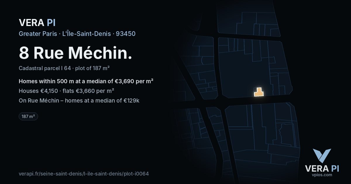 8 Rue Méchin, L'Île-Saint-Denis at night – the plot lit, the parcels around coloured by the prices near them