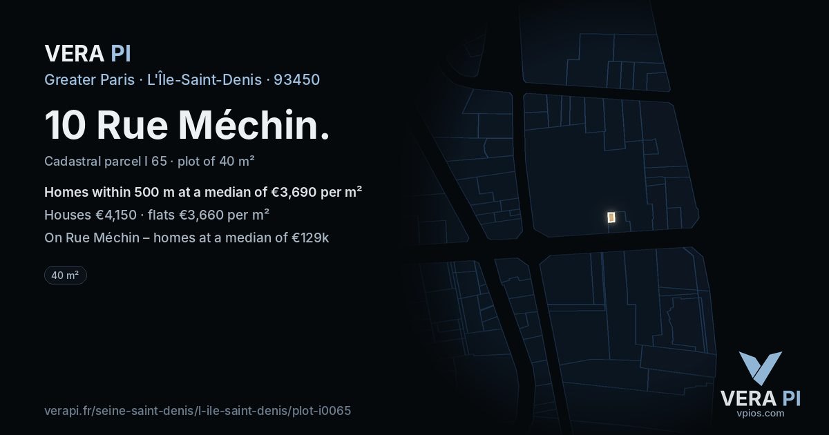 10 Rue Méchin, L'Île-Saint-Denis at night – the plot lit, the parcels around coloured by the prices near them