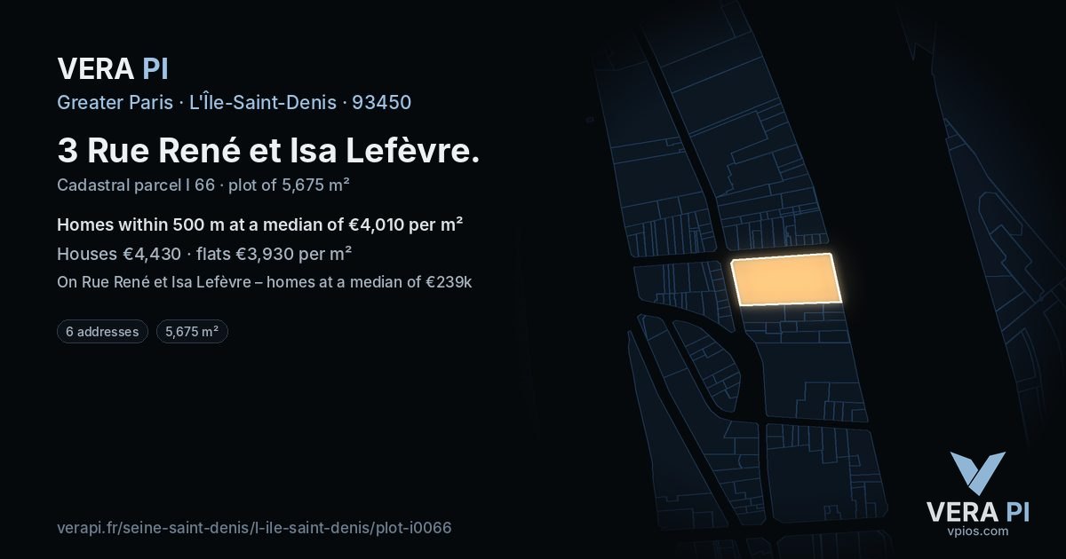 3 Rue René et Isa Lefèvre, L'Île-Saint-Denis at night – the plot lit, the parcels around coloured by the prices near them