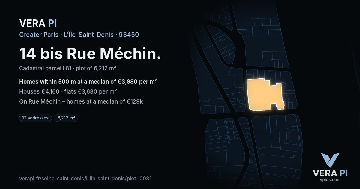 14 bis Rue Méchin, L'Île-Saint-Denis at night – the plot lit, the parcels around coloured by the prices near them