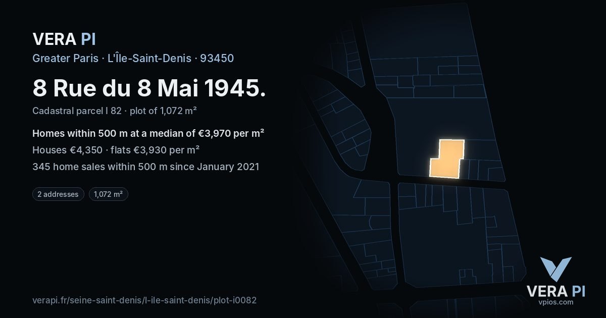 8 Rue du 8 Mai 1945, L'Île-Saint-Denis at night – the plot lit, the parcels around coloured by the prices near them