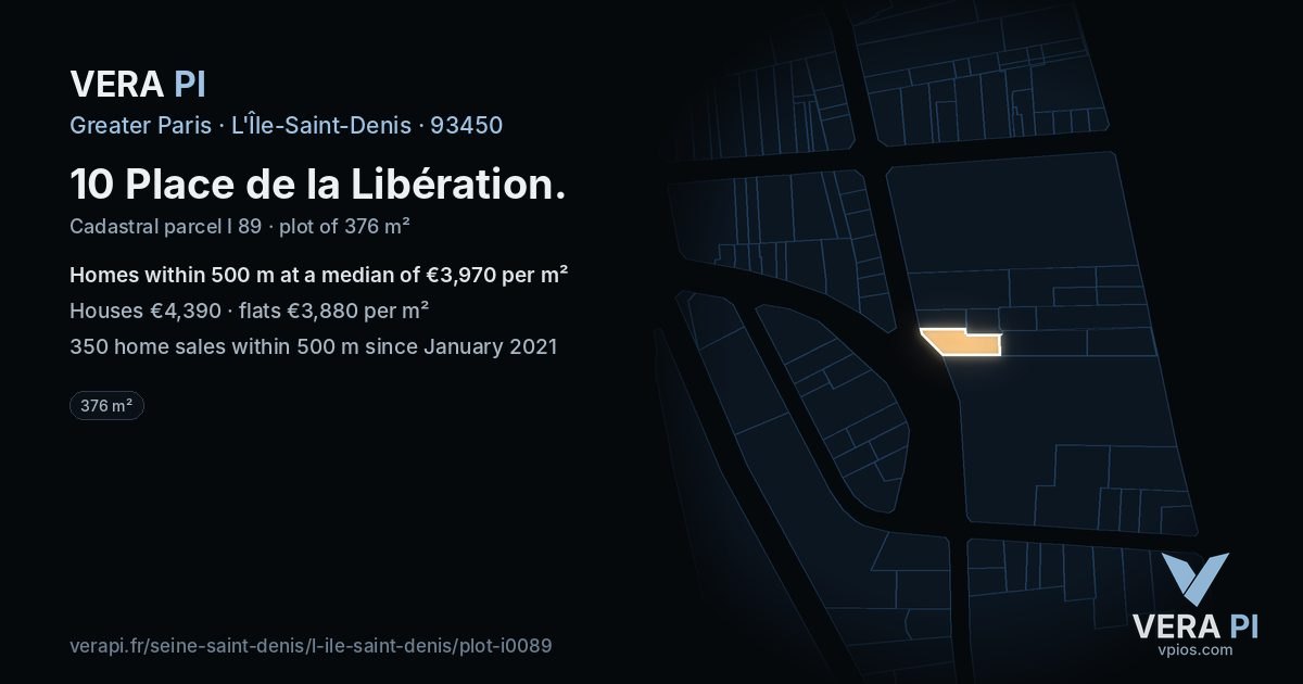 10 Place de la Libération, L'Île-Saint-Denis at night – the plot lit, the parcels around coloured by the prices near them