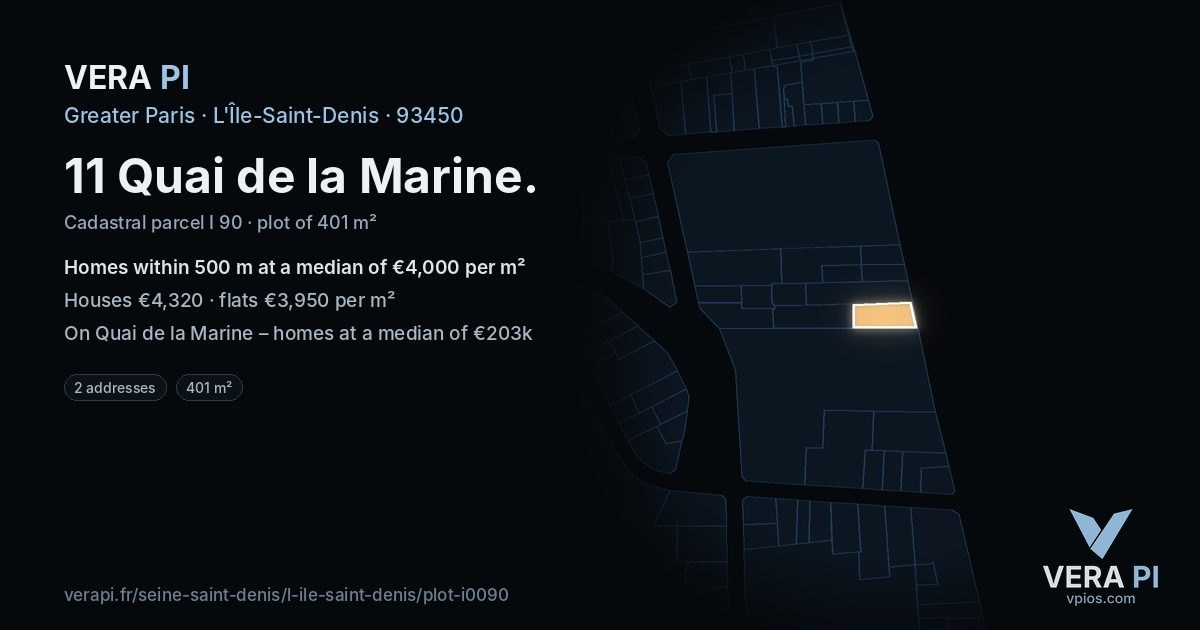 11 Quai de la Marine, L'Île-Saint-Denis at night – the plot lit, the parcels around coloured by the prices near them