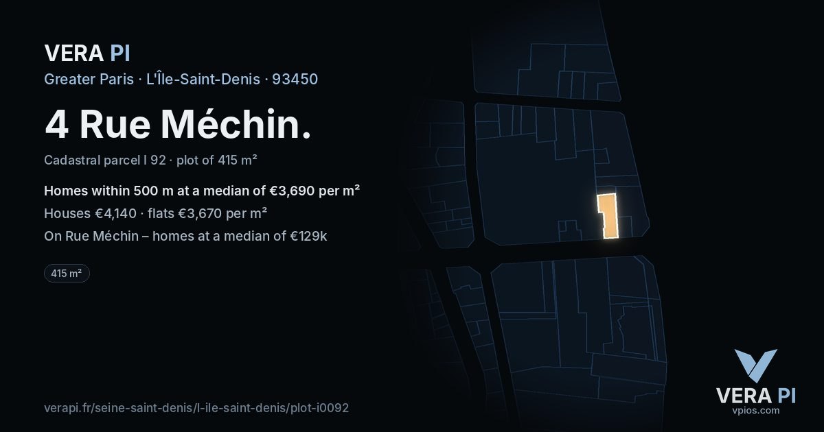 4 Rue Méchin, L'Île-Saint-Denis at night – the plot lit, the parcels around coloured by the prices near them