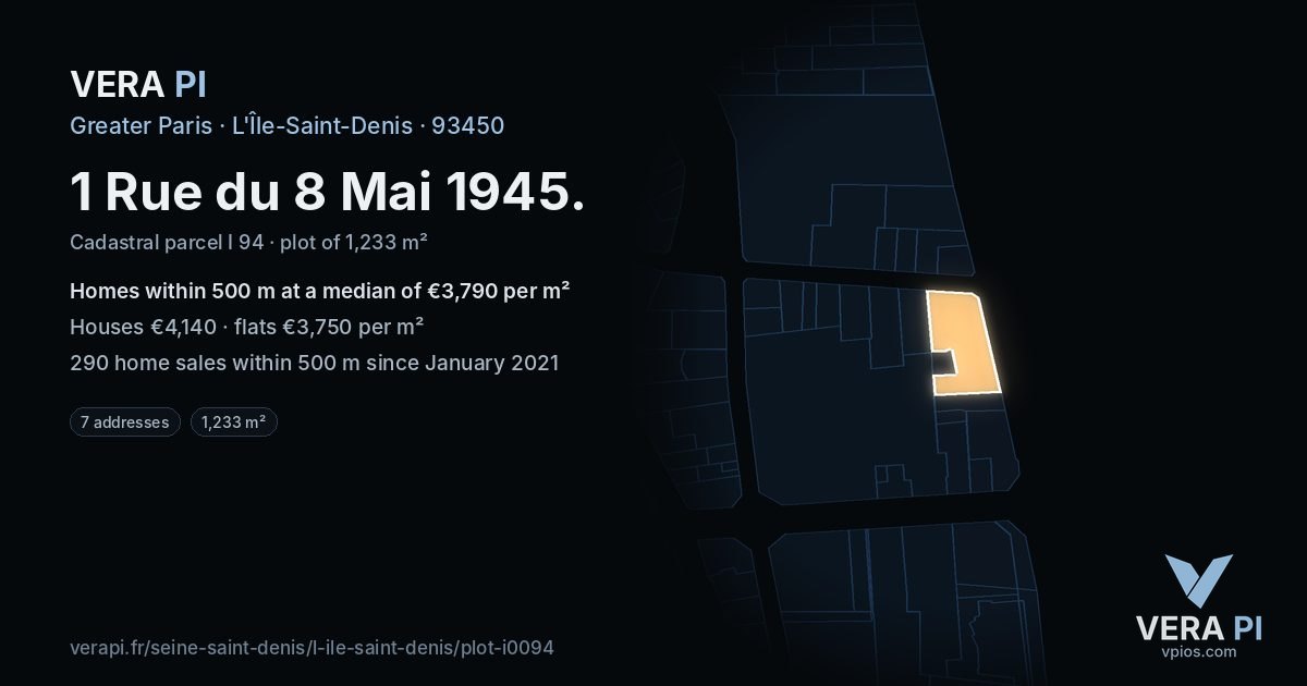 1 Rue du 8 Mai 1945, L'Île-Saint-Denis at night – the plot lit, the parcels around coloured by the prices near them