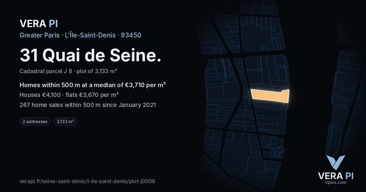 31 Quai de Seine, L'Île-Saint-Denis at night – the plot lit, the parcels around coloured by the prices near them