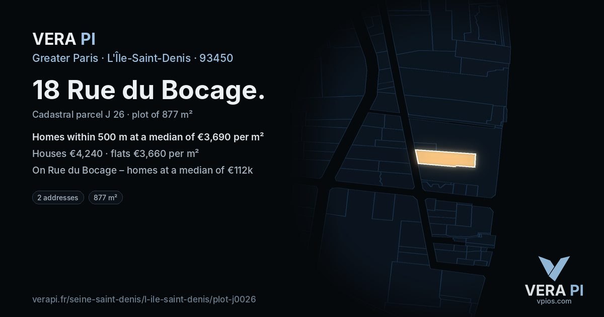 18 Rue du Bocage, L'Île-Saint-Denis at night – the plot lit, the parcels around coloured by the prices near them