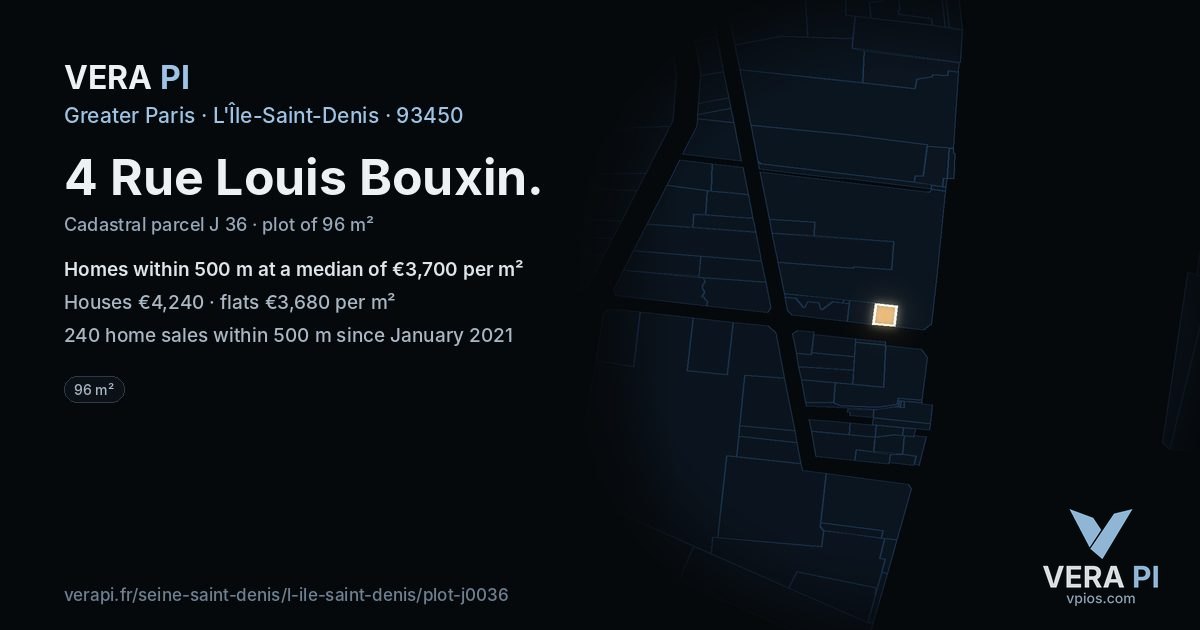 4 Rue Louis Bouxin, L'Île-Saint-Denis at night – the plot lit, the parcels around coloured by the prices near them