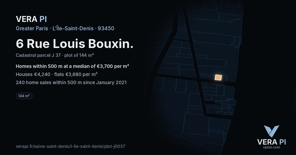 6 Rue Louis Bouxin, L'Île-Saint-Denis at night – the plot lit, the parcels around coloured by the prices near them