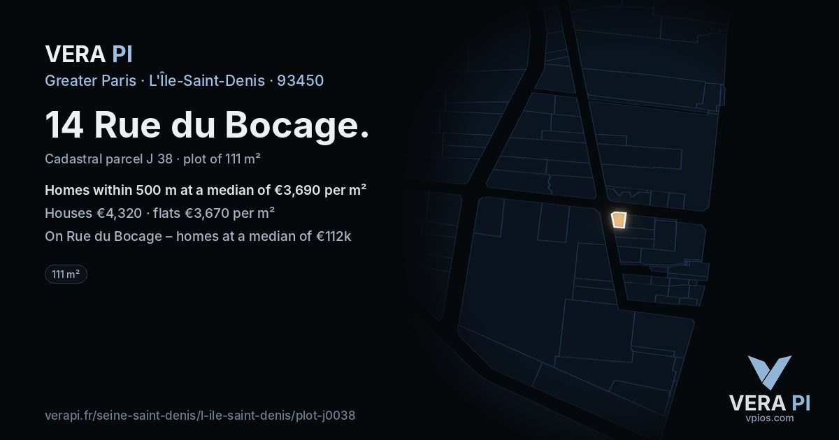 14 Rue du Bocage, L'Île-Saint-Denis at night – the plot lit, the parcels around coloured by the prices near them