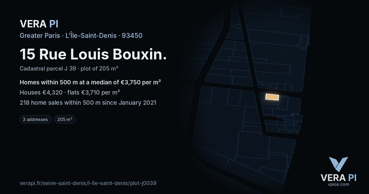 15 Rue Louis Bouxin, L'Île-Saint-Denis at night – the plot lit, the parcels around coloured by the prices near them