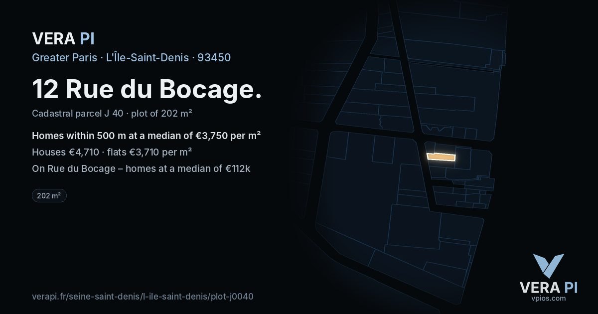12 Rue du Bocage, L'Île-Saint-Denis at night – the plot lit, the parcels around coloured by the prices near them