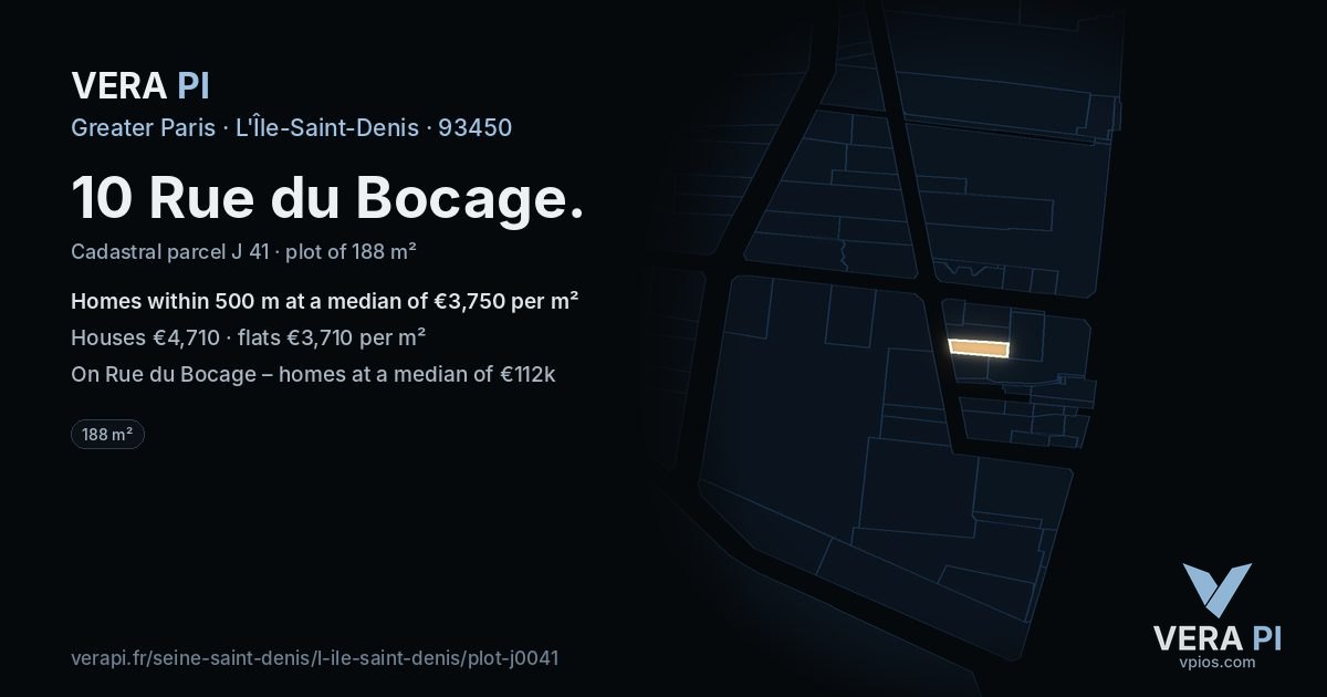 10 Rue du Bocage, L'Île-Saint-Denis at night – the plot lit, the parcels around coloured by the prices near them