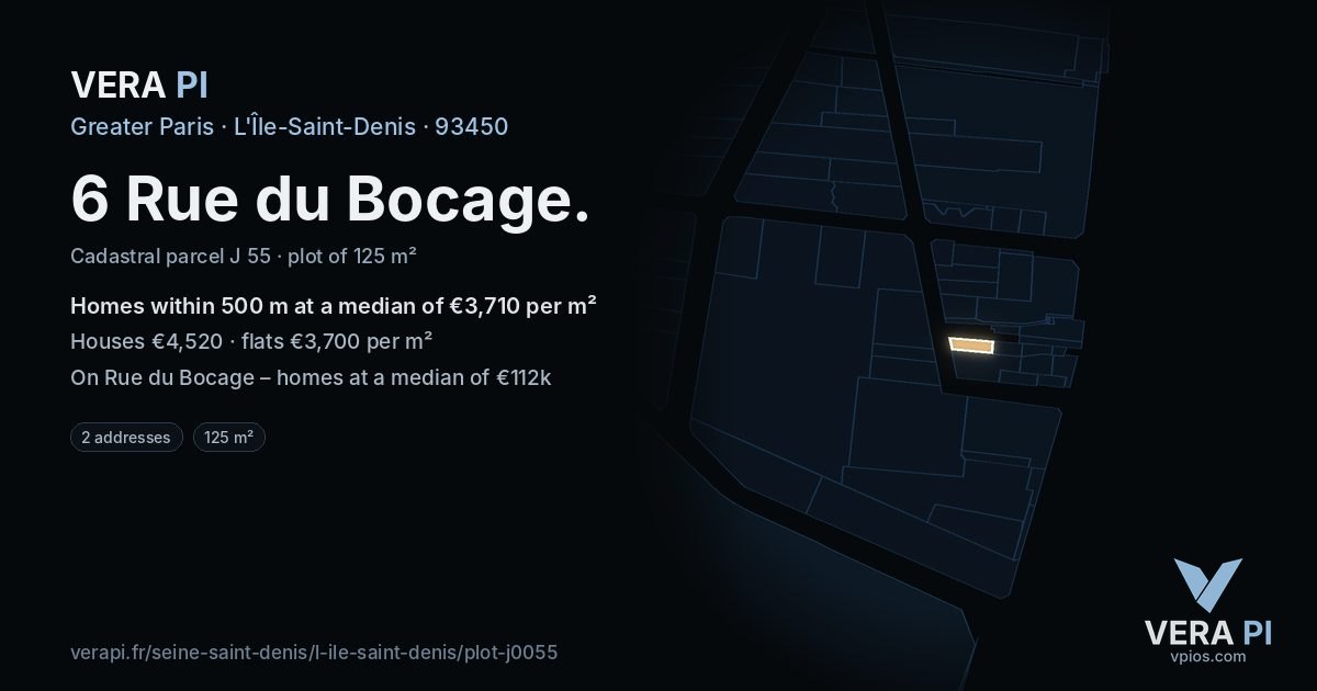6 Rue du Bocage, L'Île-Saint-Denis at night – the plot lit, the parcels around coloured by the prices near them