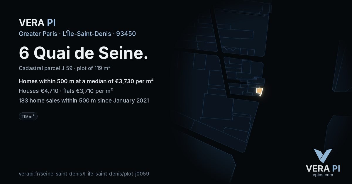 6 Quai de Seine, L'Île-Saint-Denis at night – the plot lit, the parcels around coloured by the prices near them