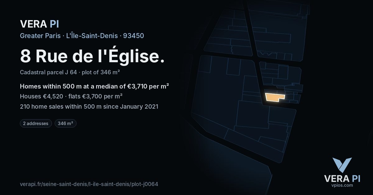8 Rue de l'Église, L'Île-Saint-Denis at night – the plot lit, the parcels around coloured by the prices near them