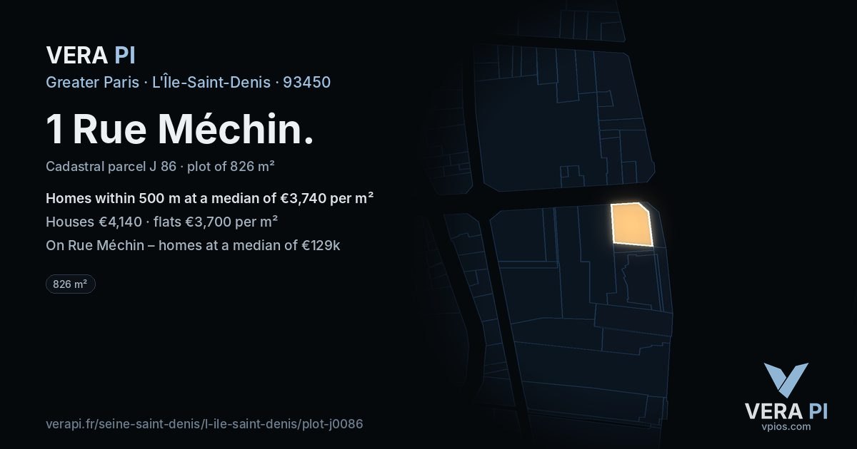 1 Rue Méchin, L'Île-Saint-Denis at night – the plot lit, the parcels around coloured by the prices near them