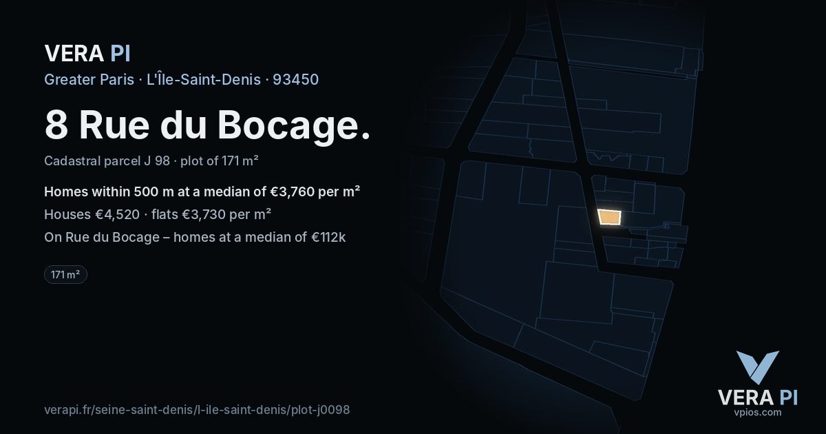 8 Rue du Bocage, L'Île-Saint-Denis at night – the plot lit, the parcels around coloured by the prices near them