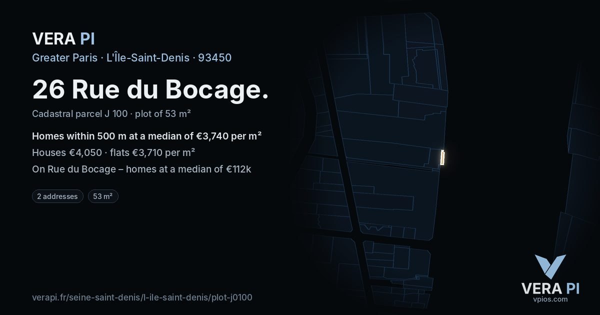 26 Rue du Bocage, L'Île-Saint-Denis at night – the plot lit, the parcels around coloured by the prices near them