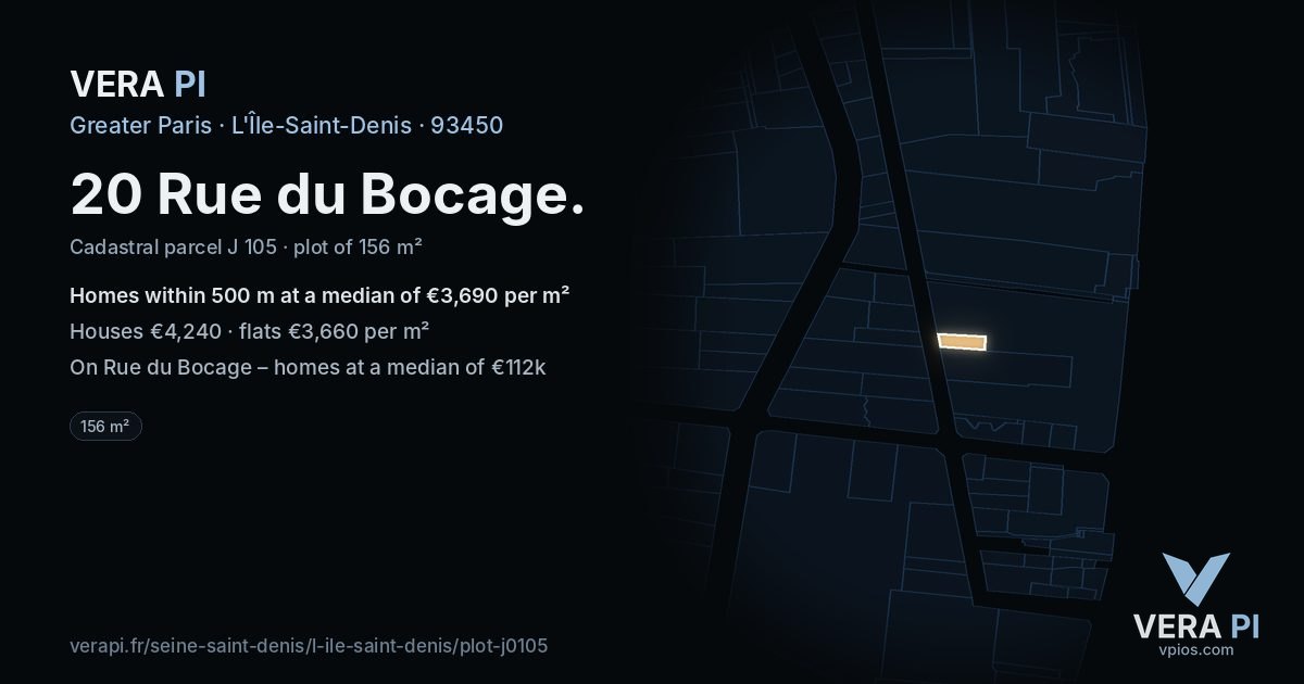 20 Rue du Bocage, L'Île-Saint-Denis at night – the plot lit, the parcels around coloured by the prices near them