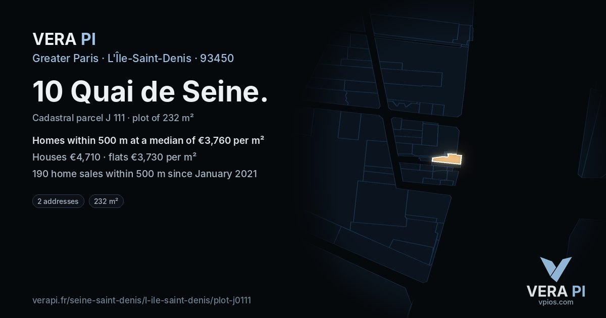 10 Quai de Seine, L'Île-Saint-Denis at night – the plot lit, the parcels around coloured by the prices near them