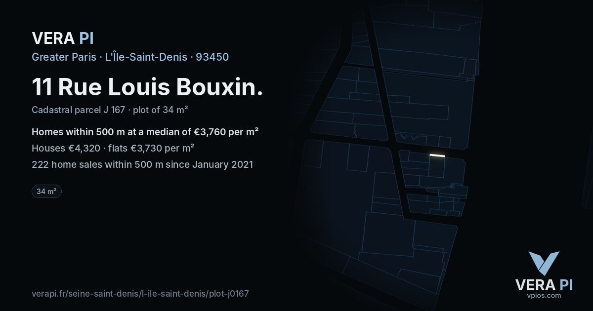 11 Rue Louis Bouxin, L'Île-Saint-Denis at night – the plot lit, the parcels around coloured by the prices near them