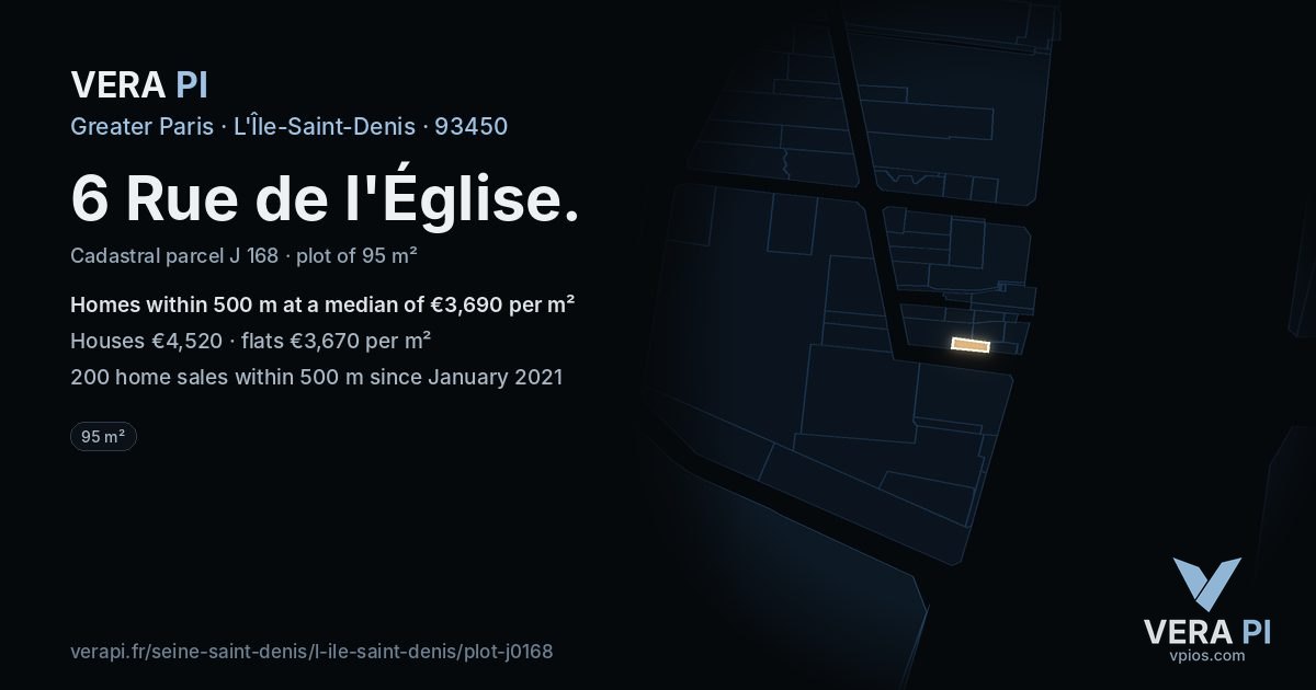 6 Rue de l'Église, L'Île-Saint-Denis at night – the plot lit, the parcels around coloured by the prices near them
