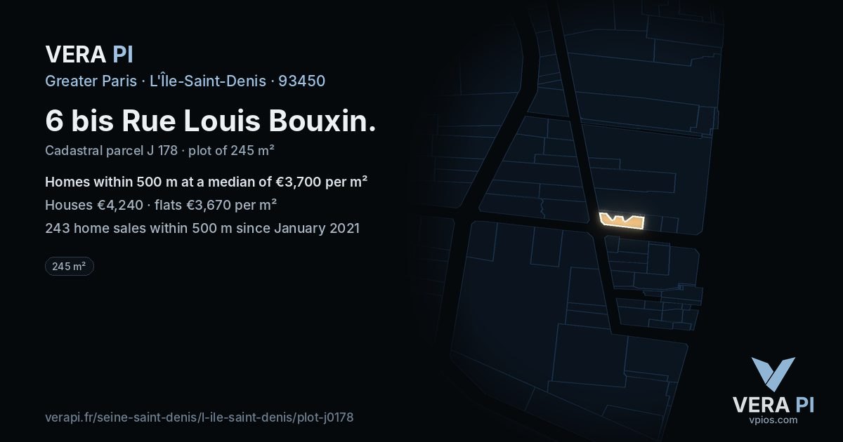 6 bis Rue Louis Bouxin, L'Île-Saint-Denis at night – the plot lit, the parcels around coloured by the prices near them