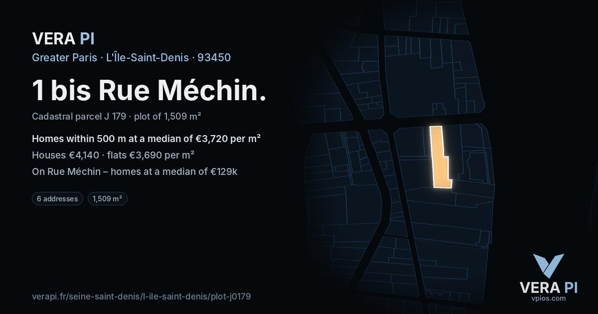 1 bis Rue Méchin, L'Île-Saint-Denis at night – the plot lit, the parcels around coloured by the prices near them