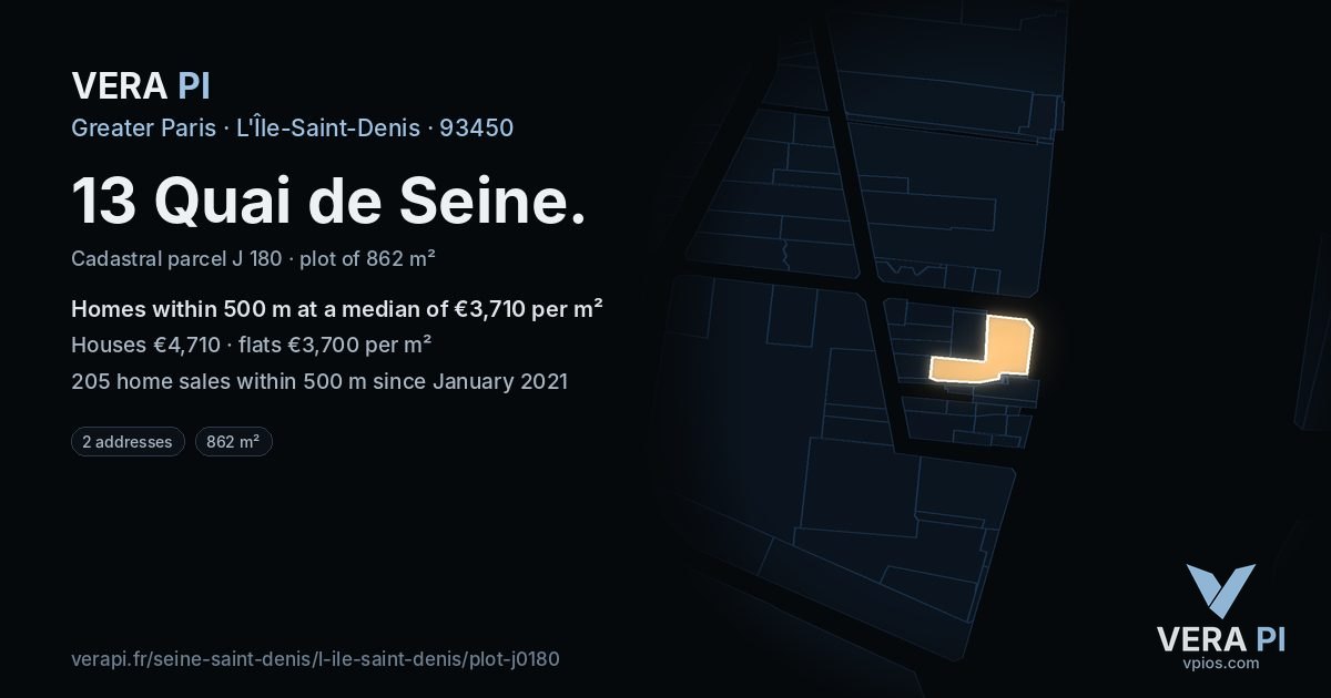 13 Quai de Seine, L'Île-Saint-Denis at night – the plot lit, the parcels around coloured by the prices near them