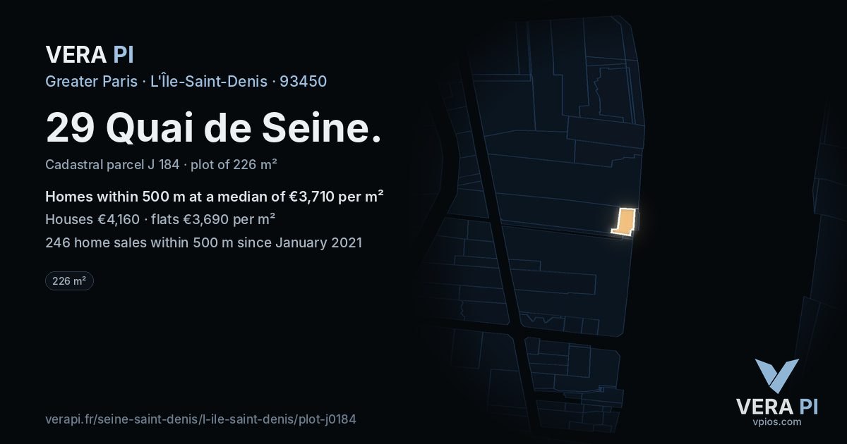 29 Quai de Seine, L'Île-Saint-Denis at night – the plot lit, the parcels around coloured by the prices near them