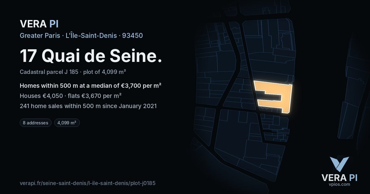 17 Quai de Seine, L'Île-Saint-Denis at night – the plot lit, the parcels around coloured by the prices near them