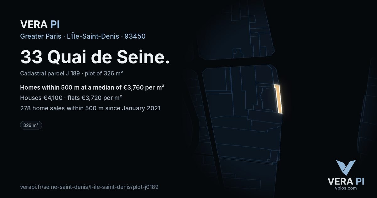 33 Quai de Seine, L'Île-Saint-Denis at night – the plot lit, the parcels around coloured by the prices near them