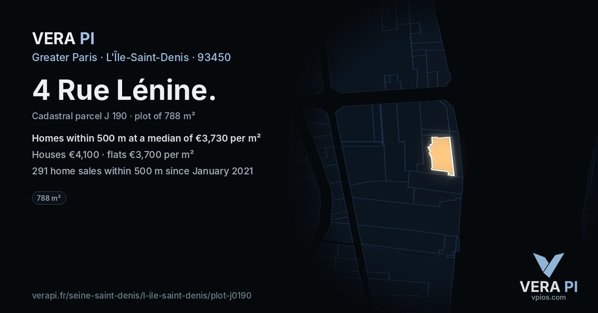 4 Rue Lénine, L'Île-Saint-Denis at night – the plot lit, the parcels around coloured by the prices near them