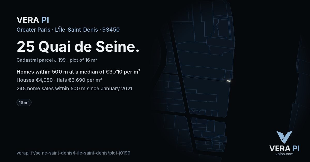 25 Quai de Seine, L'Île-Saint-Denis at night – the plot lit, the parcels around coloured by the prices near them