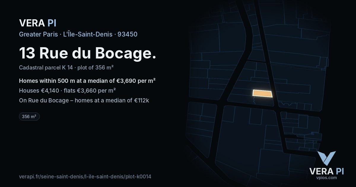 13 Rue du Bocage, L'Île-Saint-Denis at night – the plot lit, the parcels around coloured by the prices near them