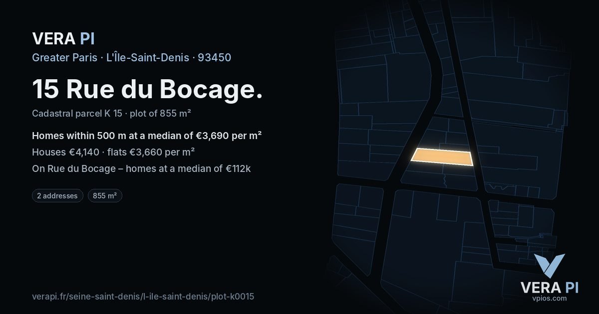 15 Rue du Bocage, L'Île-Saint-Denis at night – the plot lit, the parcels around coloured by the prices near them
