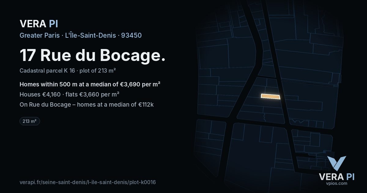 17 Rue du Bocage, L'Île-Saint-Denis at night – the plot lit, the parcels around coloured by the prices near them