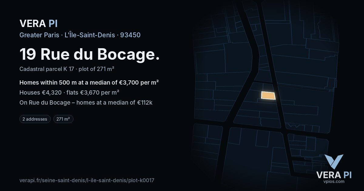 19 Rue du Bocage, L'Île-Saint-Denis at night – the plot lit, the parcels around coloured by the prices near them