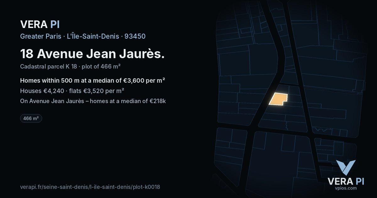 18 Avenue Jean Jaurès, L'Île-Saint-Denis at night – the plot lit, the parcels around coloured by the prices near them