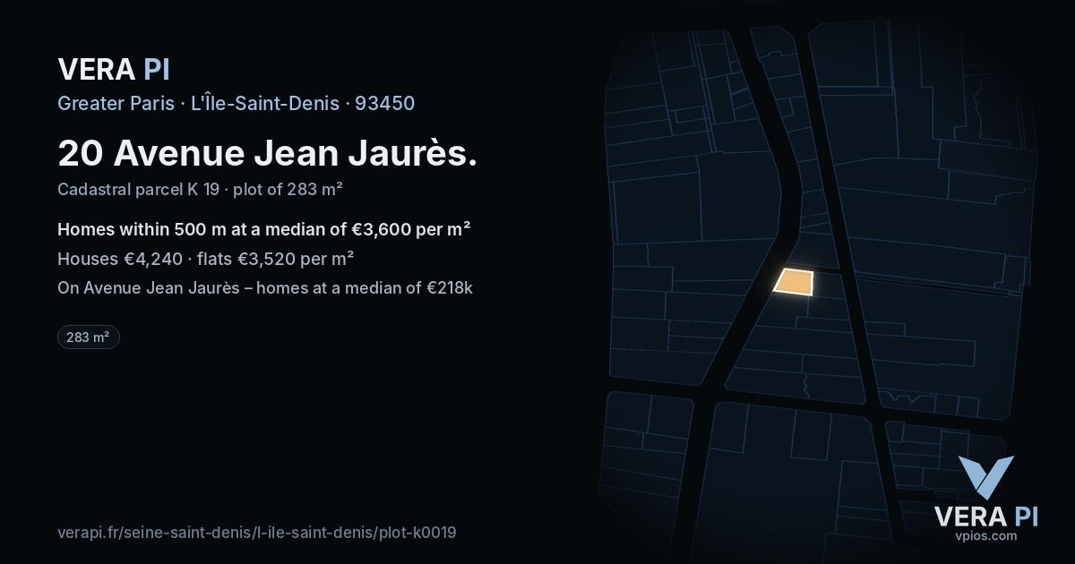 20 Avenue Jean Jaurès, L'Île-Saint-Denis at night – the plot lit, the parcels around coloured by the prices near them
