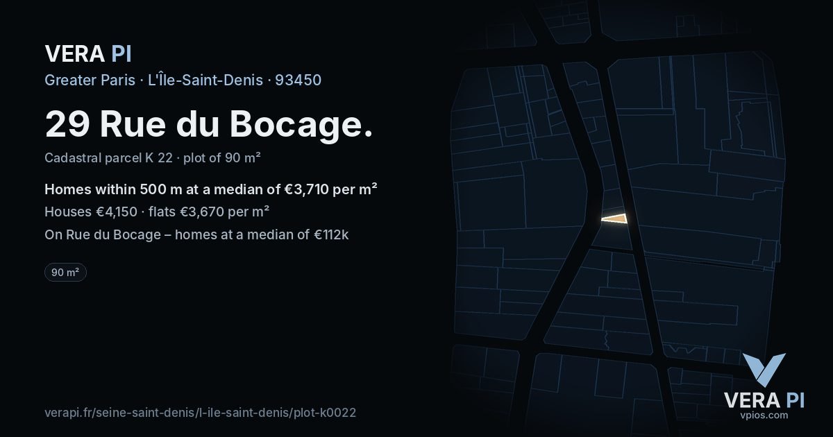 29 Rue du Bocage, L'Île-Saint-Denis at night – the plot lit, the parcels around coloured by the prices near them