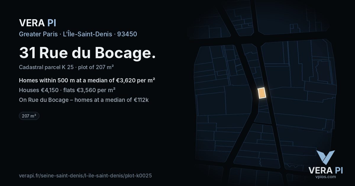 31 Rue du Bocage, L'Île-Saint-Denis at night – the plot lit, the parcels around coloured by the prices near them
