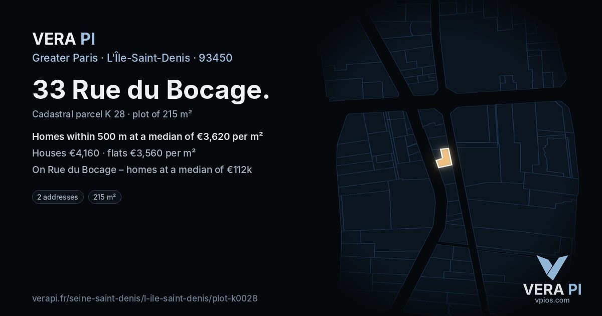 33 Rue du Bocage, L'Île-Saint-Denis at night – the plot lit, the parcels around coloured by the prices near them