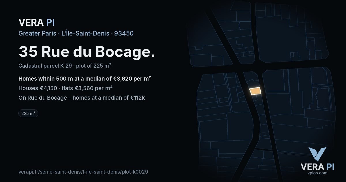 35 Rue du Bocage, L'Île-Saint-Denis at night – the plot lit, the parcels around coloured by the prices near them