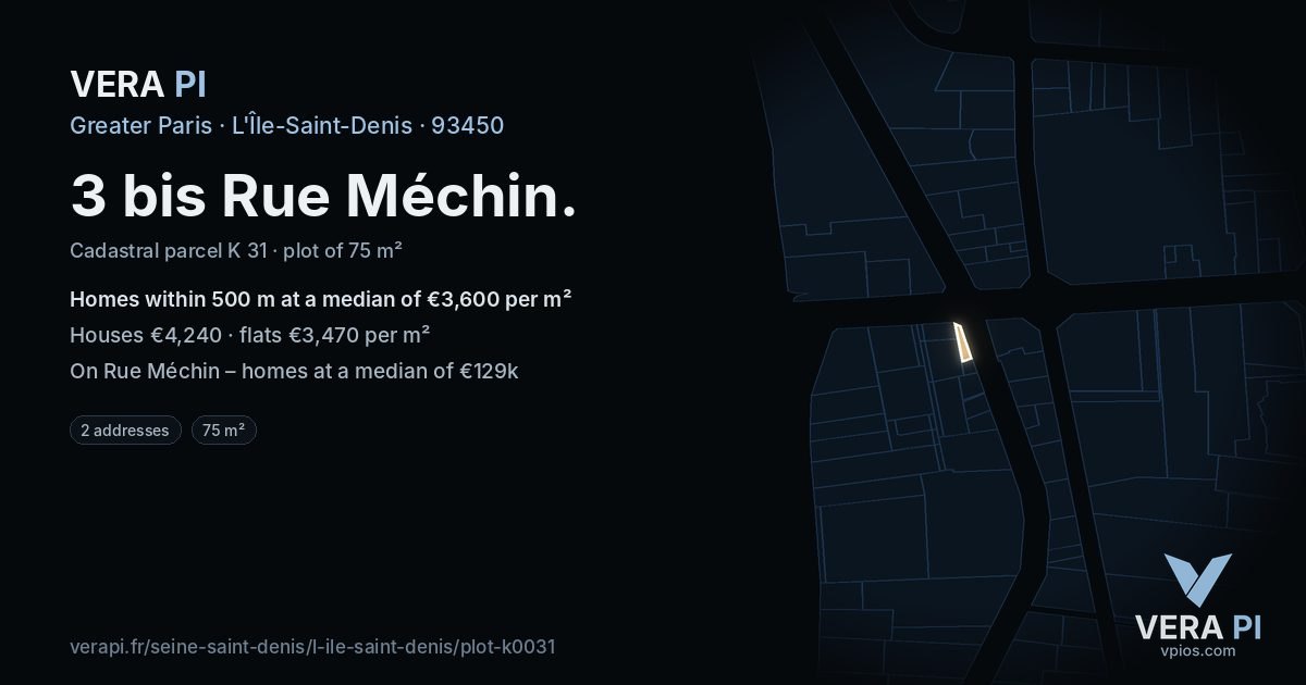 3 bis Rue Méchin, L'Île-Saint-Denis at night – the plot lit, the parcels around coloured by the prices near them