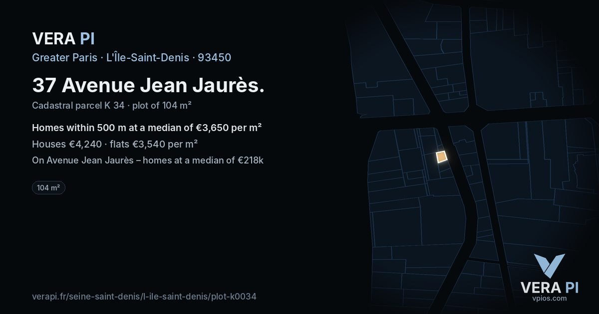 37 Avenue Jean Jaurès, L'Île-Saint-Denis at night – the plot lit, the parcels around coloured by the prices near them