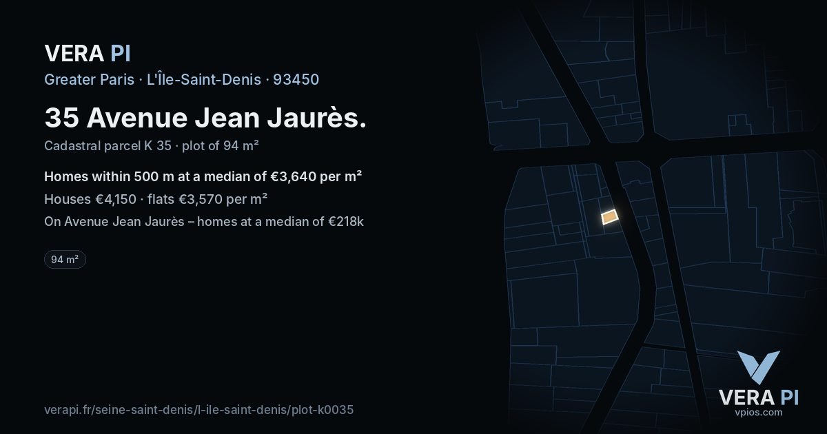35 Avenue Jean Jaurès, L'Île-Saint-Denis at night – the plot lit, the parcels around coloured by the prices near them
