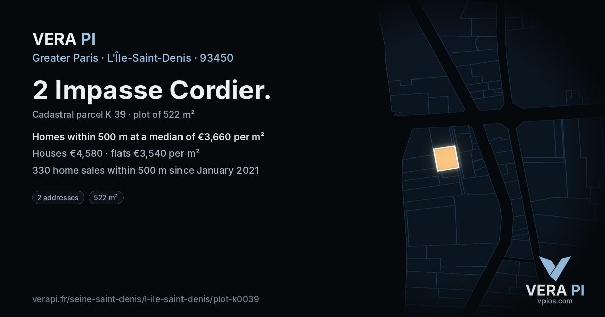2 Impasse Cordier, L'Île-Saint-Denis at night – the plot lit, the parcels around coloured by the prices near them